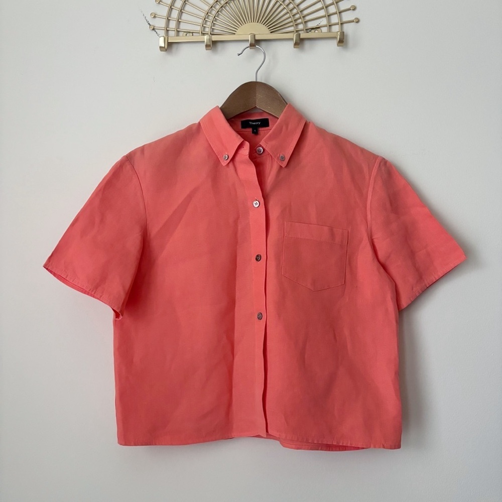 Theory Bright Coral Boxy Linen Button Down Short Sleeve Shirt Small - Picture 1 of 8